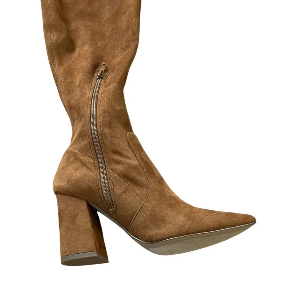 Steve Madden Tan Faux Suede Knee-High Boots 6.5M Pointed Toe Block Heel Side Zip